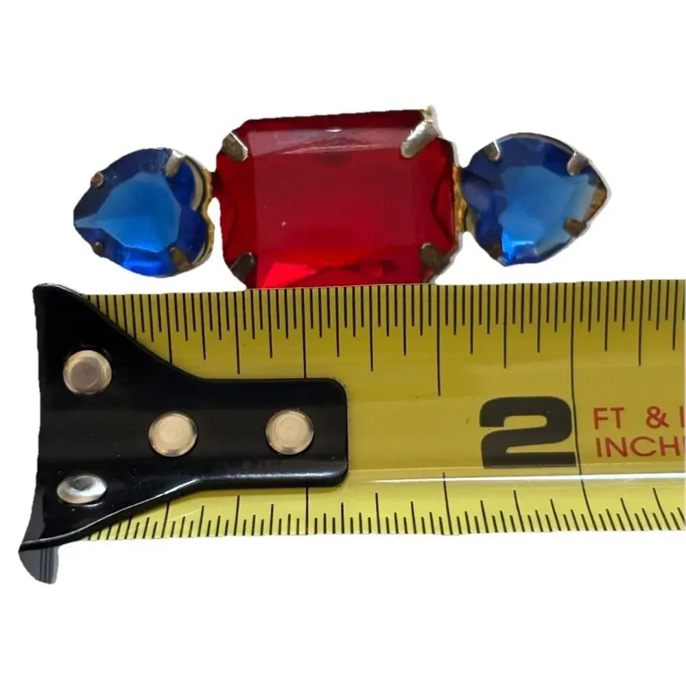 Vintage Brooch Red Blue Rhinestone Gold Tone Bar Pin Art Deco Chunky mcm